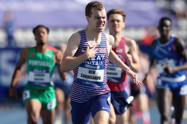 Ben Sandilands of Great Britain crosses the line to win men's 1500m T20 final at Para Athletics World Championships (Pic by Alexander Hassenstein/Getty Images)