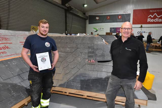 Connor and Brian at the Great British Slate Off competition in the Centre for Roofing Excellence in Hereford.