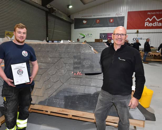 Connor and Brian at the Great British Slate Off competition in the Centre for Roofing Excellence in Hereford.