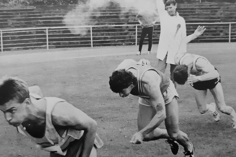 Under starter’s orders are runners from the Glenrothes Highland Games staged at Warout Stadium in 1988.