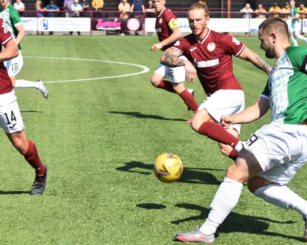 Fife striker Ryan Wallace whips in a cross during the side's 3-0 loss at Kelty on Saturday. Pic by Kenny Mackay