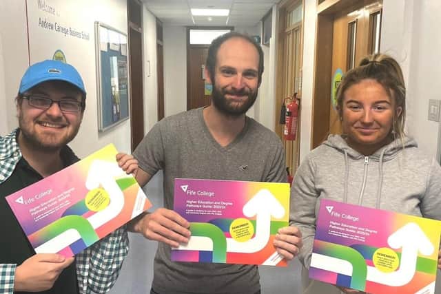 Students Cameron Nicholls, Antonio Pellici and Shannon Ireland with Fife College’s Pathways Guide for 2023/24