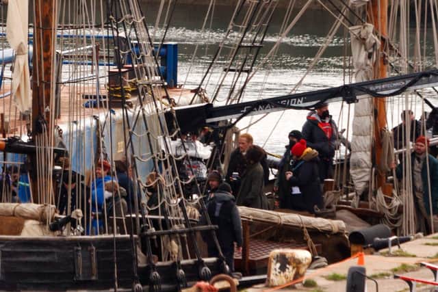 Outlander filming series 7 at Burntisland's East Dock, 7th April 2022. Photo by Michael Booth.Sam Heughan plays Jamie Fraser.