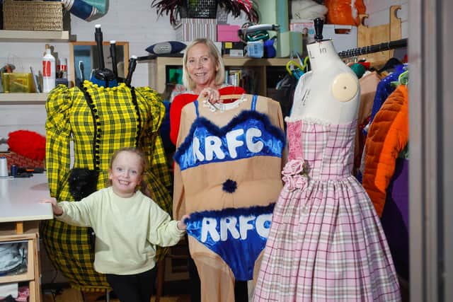Costume designer Lynn Buys in her workshop with her granddaughter. Lynn is creating costumes for panto "Ya Wee Sleeping Beauty" to be performed at Kings Live Lounge, Kirkcaldy. Pic: Scott Louden.