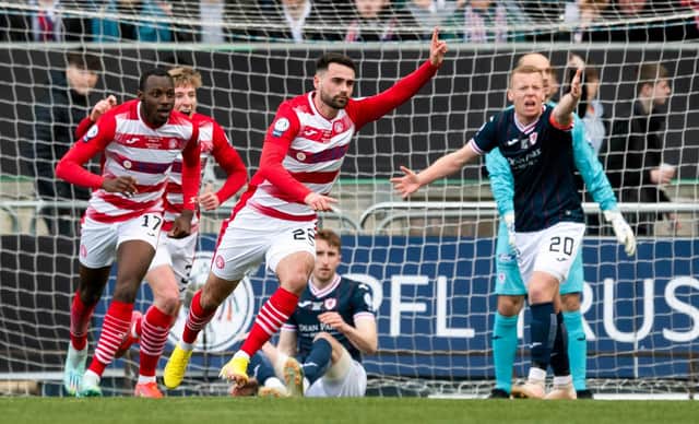 FALKIRK, SCOTLAND - MARCH 26: Regan Tumilty celebrates making it 1-0 Hamilton during the SPFL Trust Trophy final between Raith Rovers and Hamilton Academical at the Falkirk Stadium, on March 26, 2023, in Falkirk, Scotland. (Photo by Craig Foy / SNS Group)