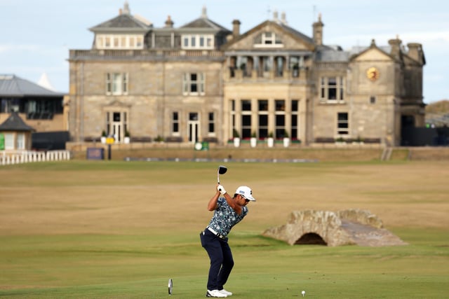Kazuki Higa of Japan tees off on the eighteenth hole during Day One of The 150th Open at St Andrews Old Course on July 14, 2022 in St Andrews, Scotland. (Photo by Harry How/Getty Images)