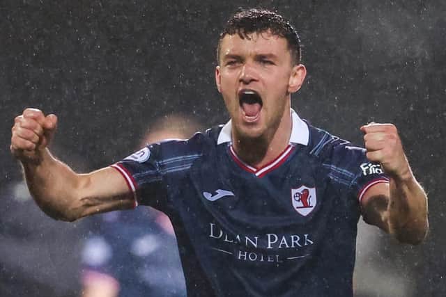 Long serving Ross Matthews celebrates after Raith's 1-0 win at Partick Thistle on March 12 (Pic Ross MacDonald/SNS Group)