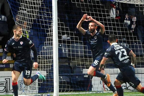 Sam Stanton celebrates scoring Raith winner against Partick Thistle with Jack Hamilton and Dylan Easton (Pics by Fife Photo Agency)