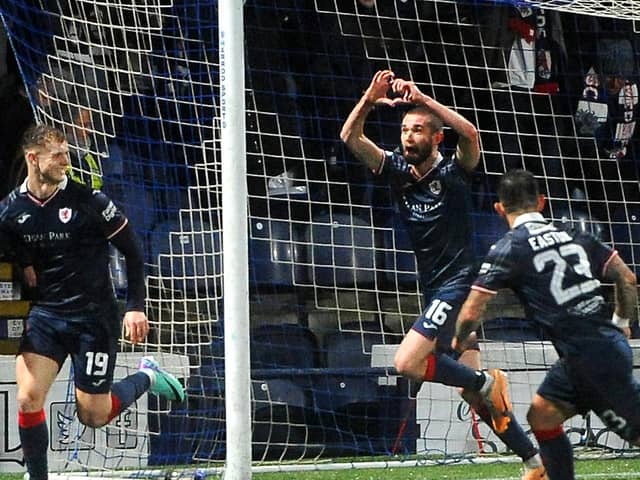 Sam Stanton celebrates scoring Raith winner against Partick Thistle with Jack Hamilton and Dylan Easton (Pics by Fife Photo Agency)