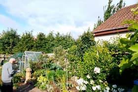 Andy Kydd judges Les Wheelans garden which won the prize for best vegetable garden.