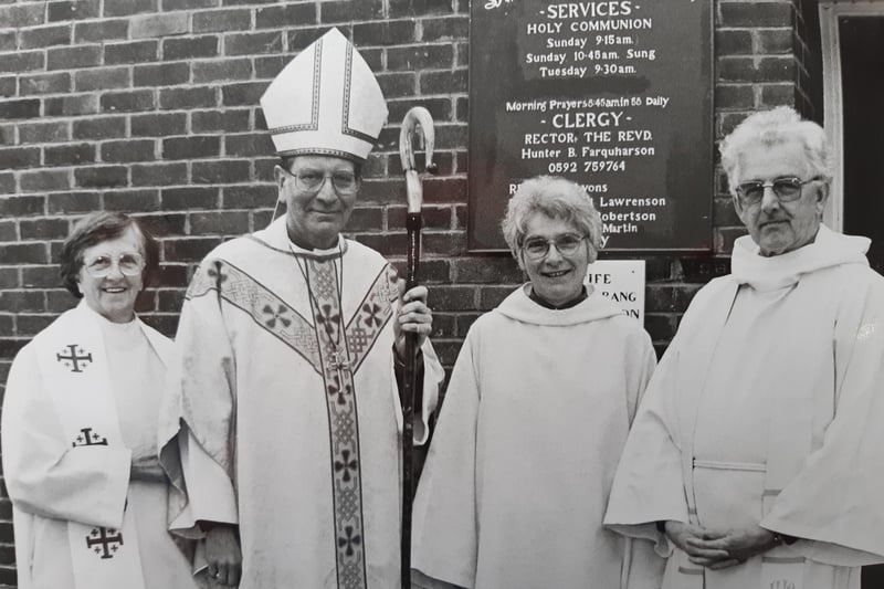 Meet the new rector at St Luke’s Church in Glenrothes. This photo from 1998 features (from left) Rev Margaret Harison (Bishop’s Chaplain); Bishop the Right Rev Michael Henley; Rev Jeanette Winifred Allan, new rector; and the Very Rev Ian Watt, Dean of the Dioscese. The photo was taken by the Glenrothes Gazette