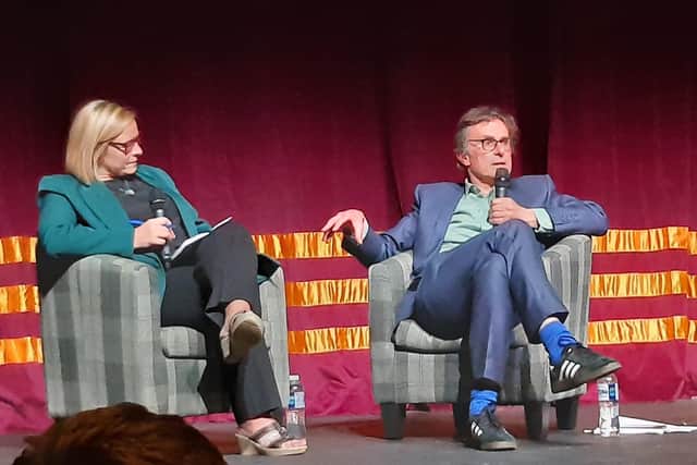 Robert Peston on stage at the Adam Smith Theatre with Sally McKenzie, chair of the Adam Smith Global Foundation (Pic: Fife Free Press)