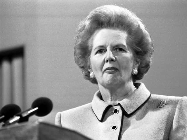 Prime Minister Margaret Thatcher addresses the Scottish Conservative party conference in Perth, May 1989.