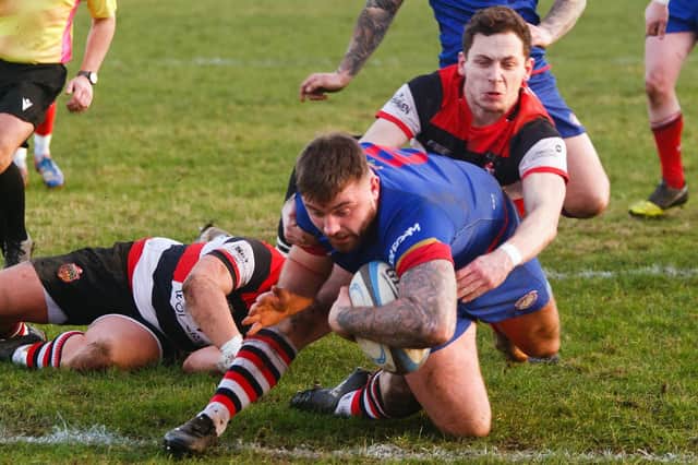 Owen Bonner goes over for Kirkcaldy's opening try against Stirling County (Pics by Michael Booth)
