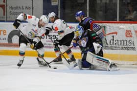 Shane Owen, Fife Flyers netminder and man of the match in the thick of the action against Belfast Giants (Pic: Jillian McFarlane)