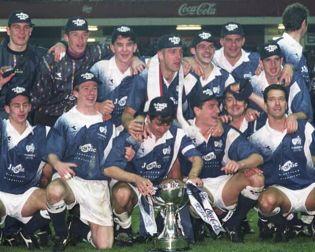 1994 Raith Rovers team including current assistant manager Colin Cameron (back row, fourth from right) celebrate beating Celtic 6-5 on penalties in Scottish League Cup final following 2-2 draw after extra-time at Ibrox Stadium (Pic SNS Group)