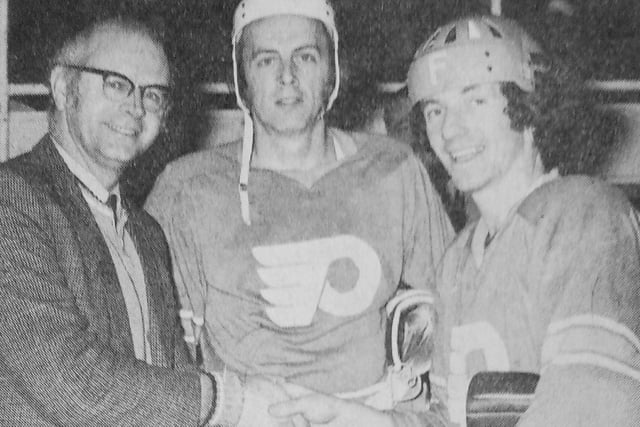 Fife Flyers 1974: Les Lovell (centre) and  Ally Brennan (right) join the Northern League's 200 Club - players who have scored 200 goals.
 They received a presentation from Bernard Stocks, vice president of the Northern Ice Hockey Association (NIHA)