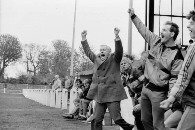 Frank Connor celebrates as Raith Rovers win promotion to Division One in 1987 with a 4-1 win at Stranraer.