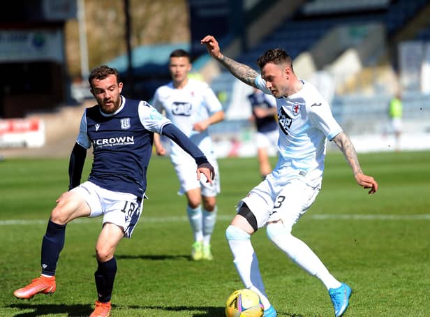 Kieran MacDonald in action for Raith in the Premiership play-off semi-final against Dundee (Pic: Fife Photo Agency)