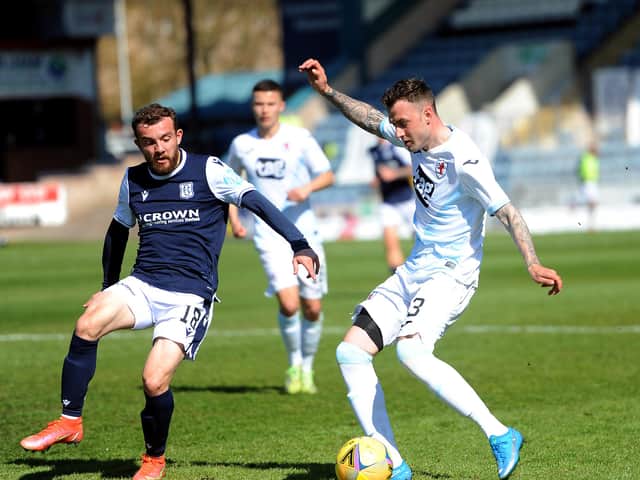 Kieran MacDonald in action for Raith in the Premiership play-off semi-final against Dundee (Pic: Fife Photo Agency)
