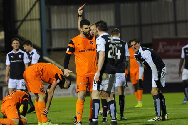 December 17, 2016: Raith Rovers 0-0 Dundee United. United's Lewis Toshney is shown the red card whilst  Mark Durnan remonstrates with Declan McManus in league stalemate (Pic Fife Photo Agency)