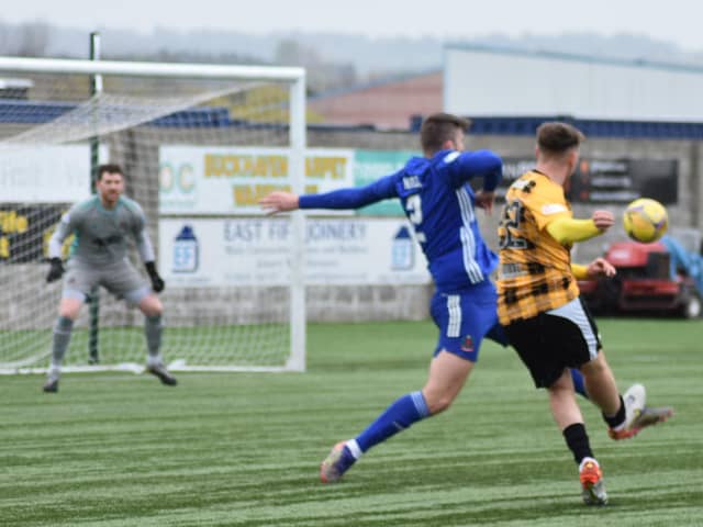 Kyle Connell curls home East Fife's second goal of the game. Pic by Kenny Mackay