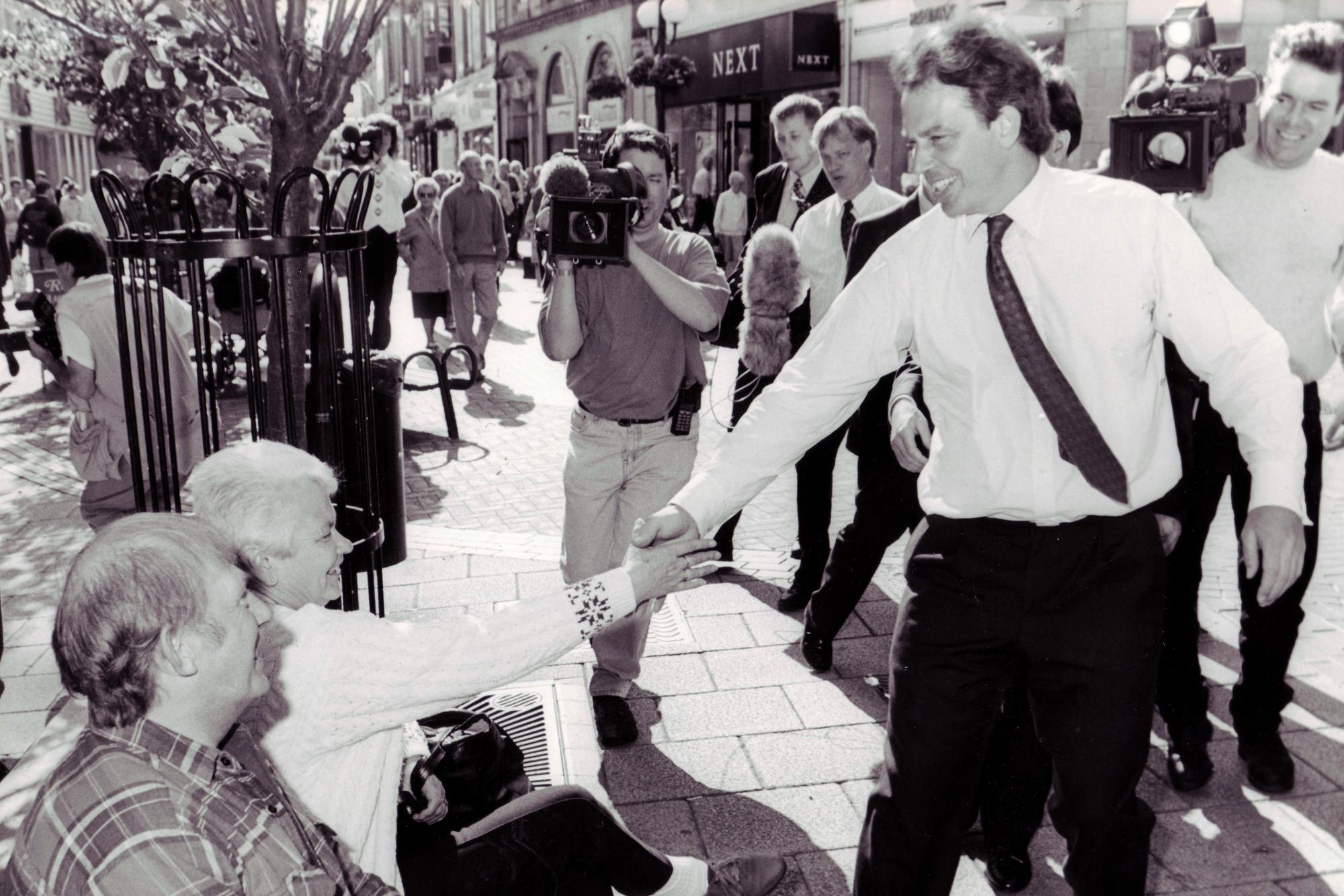 The then Leader of the Opposition Tony Blair meets shoppers on Kirkcaldy High Street in 1996