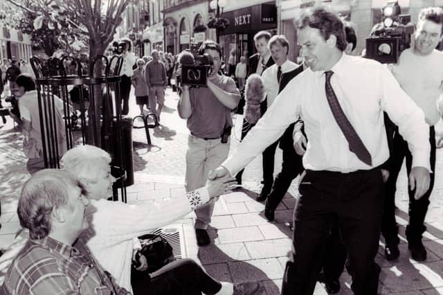 The then Leader of the Opposition Tony Blair meets shoppers on Kirkcaldy High Street in 1996