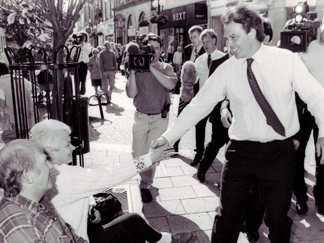 The then Leader of the Opposition Tony Blair meets shoppers on Kirkcaldy High Street in 1996