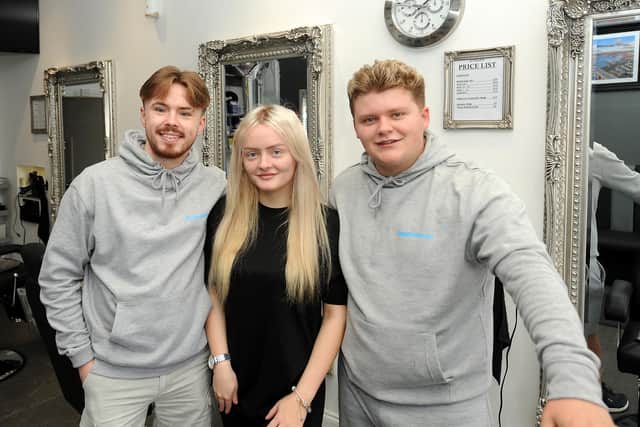 Matthew Lafferty (right) launched Snipz Barber shop at the age of 19. He is pictured with Ethan Green and Abbi Lafferty (Pic:  Fife Photo Agency)