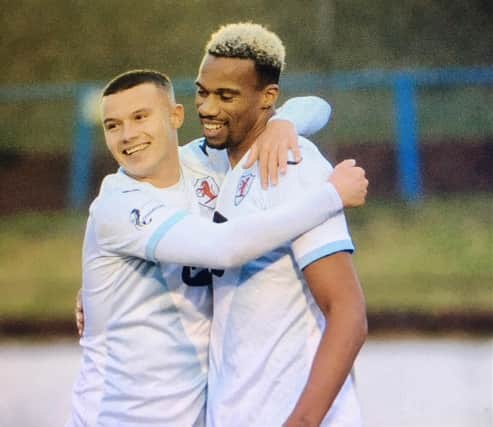 Manny Duku, right, celebrates with Dylan Tait after putting Raith Rovers in front at Cowdenbeath in their Group A Betfred Cup meeting.