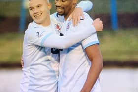 Manny Duku, right, celebrates with Dylan Tait after putting Raith Rovers in front at Cowdenbeath in their Group A Betfred Cup meeting.