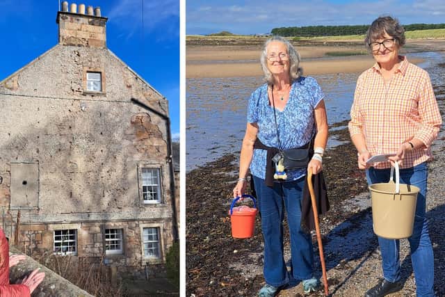 AIA Trustee Elizabeth Riches in front of the shelled wall, and volunteers at a buckie beach treasure hunt event (Pics: AIA)