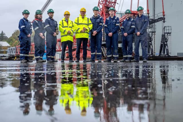 Scottish Secretary Douglas Alexander (left, centre) and Minister for Defence Readiness and Industry Luke Pollard (right, centre) with apprentices at Navantia UK's Methil yard | Pic Jane Barlow/PA