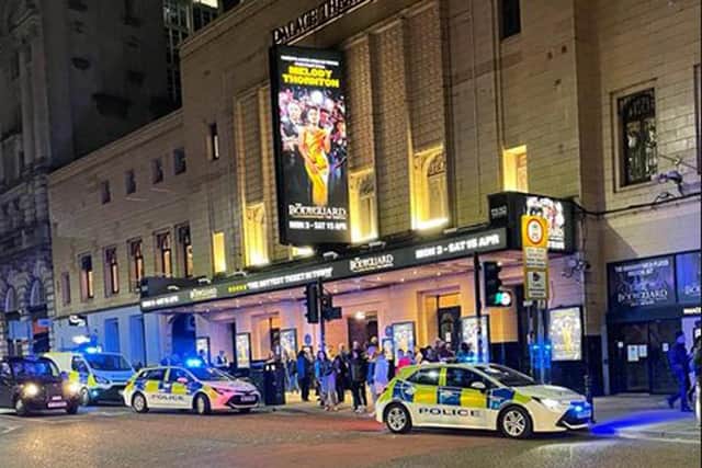 Police outside the Palace Theatre in Manchester  (Pic: Tash Kenyon/Twitter/PA Wire)