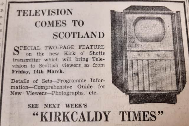 An advert in the Kirkcaldy Times on the arrival of television in Fife in 1952
