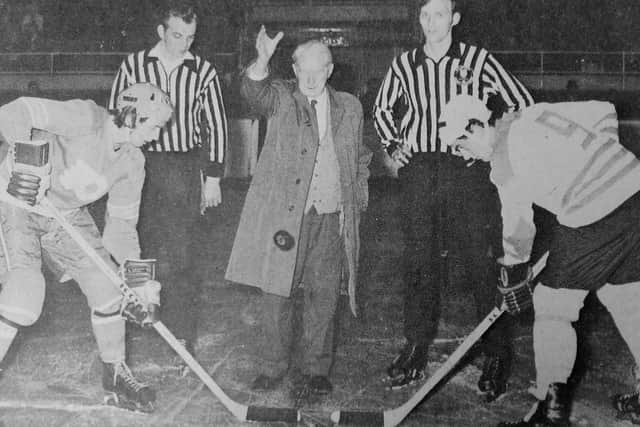 John Calderwood, aged 82 - the oldest director of Kirkcaldy Ice Rink - drops the puck at the opening game of the 1973-74 ice hockey season. (Pic: Fife Free Press archives)