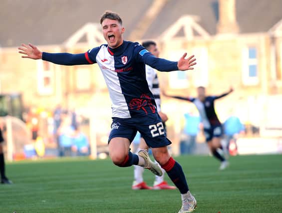 Ethan Ross celebrates after scoring Raith's opening goal against Ayr United (Pic: Fife Photo Agency)