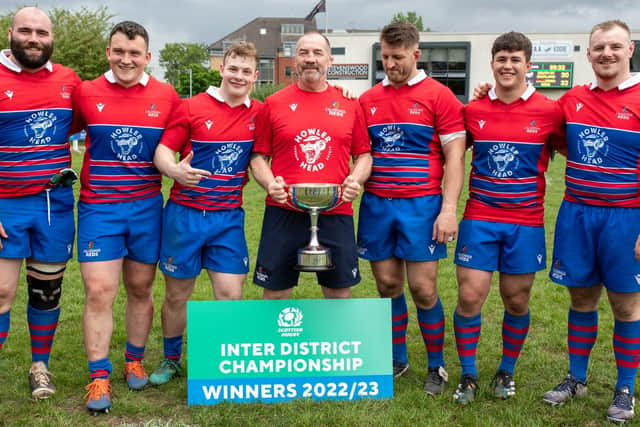 New Howe of Fife captain Fraser Allan, second from right, celebrating with Caledonia Reds team-mates after the regional representatives won their first Scottish inter-district rugby championship since 2000 against South of Scotland at Braidholm in Glasgow on Sunday (Photo: Bryan Robertson)