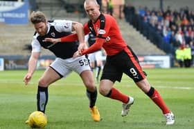 Raith Rovers' Craig Barr going up against Rangers' Kenny Miller during their sides' 3-3 draw at Stark's Park in Kirkcaldy in April 2016 (Pic: SNS Group/Craig Foy)