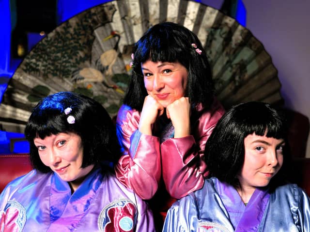 Three very cheeky Little Maids from Kirkcaldy Gilbert and Sullivan's production of The Mikado.  From left, Louise Gibson (Pitti - Sing), Eliza Twaddle (Yum-Yum) and Melissa Gibson (Peep-Bo).   (Pic: Sartorial Pictures)
