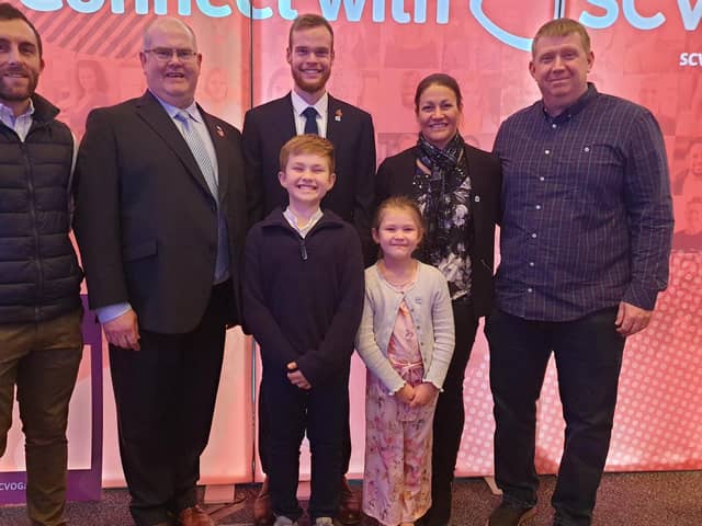 Ross Hugh (2nd left) with Jamie Moffat, Gavin Hugh, Alastair and Vicky Jack and their kids Charlie and Alix after recent awards ceremony in Edinburgh