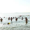 More than 100 naked swimmers went for a dip at Aberdour for the Carnegie Dunfermline Rotary Club's 'Noody Dook'.  Pic: Fife Photo Agency.