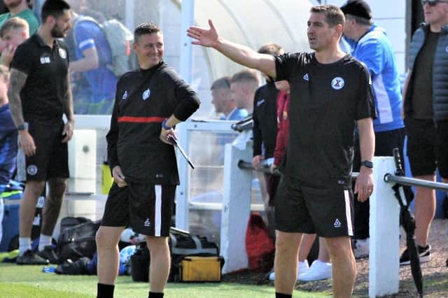 St Andrews United manager Robbie Raeside (right) on the touchline (Pic by John Stevenson)