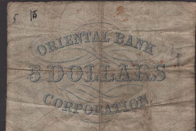 The ‘Hong Kong 1860’ Five Dollar Banknote -signed by two Scots - which could fetch up to £50,000 at auction (Pic: Dix Noonan Webb)