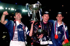 Raith heroes (from left) Gordon Dalziel, Scott Thomson and Stevie Crawford celebrate with Coca Cola Cup in 1994 (Pic by SNS Group)