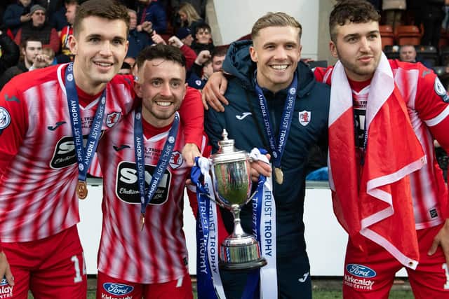 David McKay, Aidan Connolly, Tom Lang and Dario Zannatta with the SPFL Trust Trophy won by Raith Rovers in Airdrie in April (Photo by Paul Devlin/SNS Group)