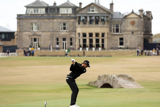 Thomas Detry of Belgium tees off from the 18th hole during Day One of The 150th Open at St Andrews Old Course on July 14, 2022 in St Andrews, Scotland. (Photo by Harry How/Getty Images)
