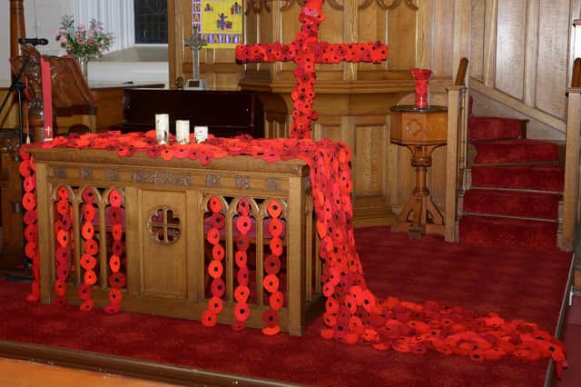 The colourful display of knitted poppies at Markinch Church. Pic: Ken Wilkie.
