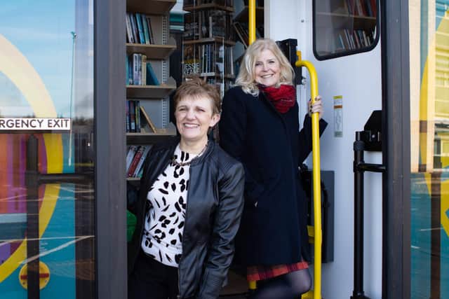 Cllr Judy Hamilton, left, and Michelle Sweeney, OnFife’s Director of Creative Development, board one of new mobile libraries.